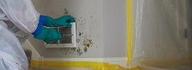 A SERVICEMASTER MOLD TECHNICIAN DRESSED IN FULL PERSONAL PROTECTIVE EQUIPMENT. HE IS STARTING MOLD REMEDIATION SERVICES NOW. 